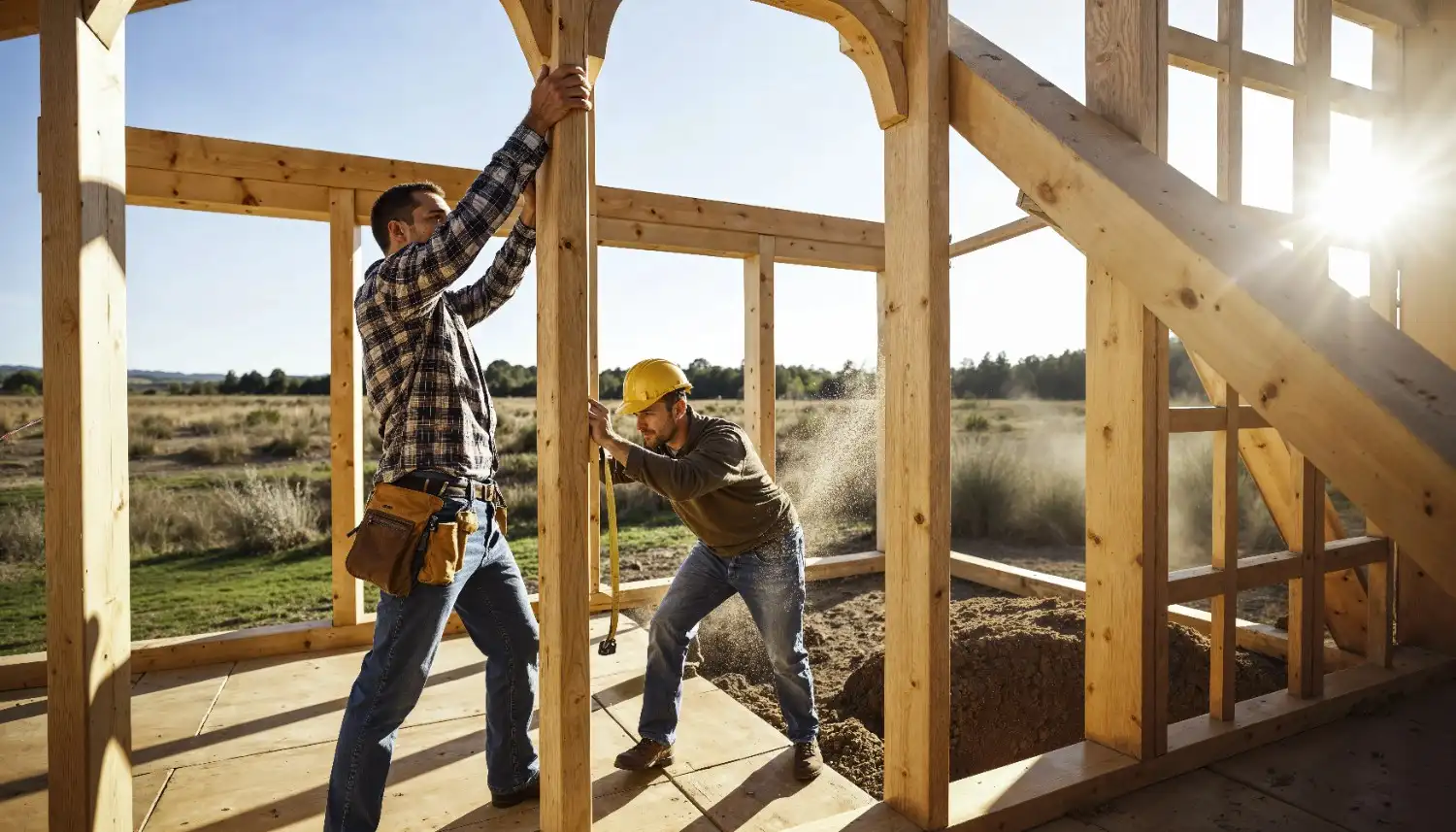 A contractor in overalls reviewing deck plans